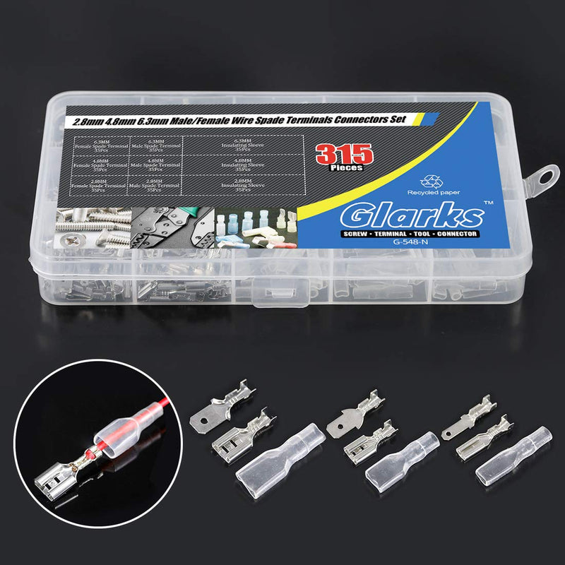Glarks 315Pcs Quick Splice 2.8mm 4.8mm 6.3mm Male and Female Wire Spade Connector Wire Crimp Terminal Block with Insulating Sleeve Assortment Kit 315Pcs Silver Spade Connector - NewNest Australia