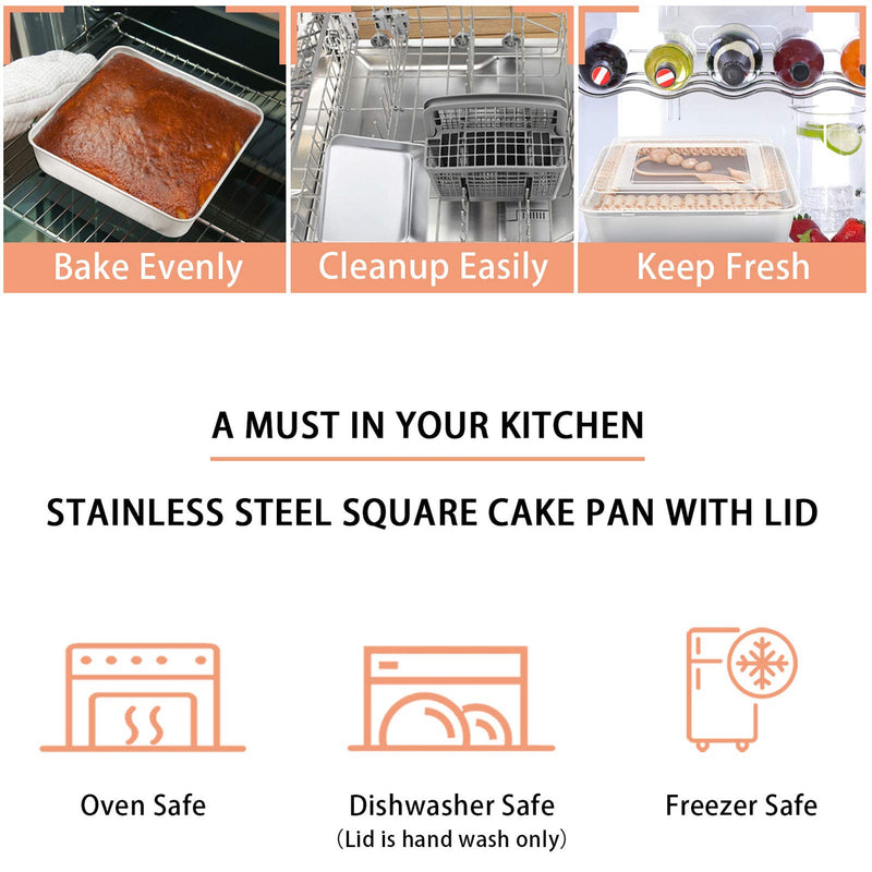 NewNest Australia - TeamFar Square Cake Pan with Lid, 8 Inch Square Baking Pan Stainless Steel Cake Brownie Pan with Lid For Meal Prep Storage Transporting Food, Healthy & Durable, Dishwasher Safe & Easy Clean - 2 PCS 