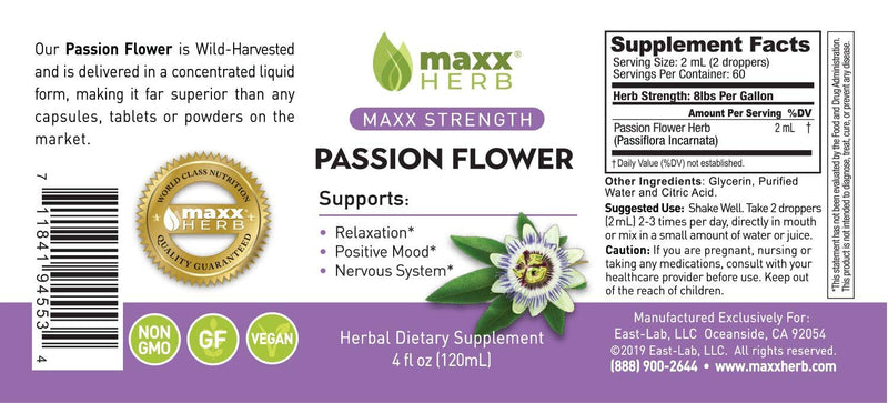 Maxx Herb Passion Flower Extract - Max Strength, Passion-Flower Liquid Absorbs Better Than Capsules, for Relaxation and Stress Relief, Alcohol-Free - 4 Oz Bottle (60 Servings) 4 Fl Oz (Pack of 1) - NewNest Australia