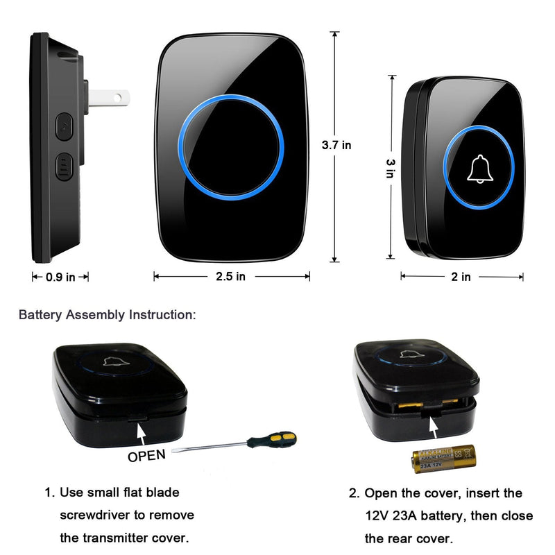 Wireless Doorbell, Waterproof Door Bell Kit, Distinguish front and rear doors, Over 1000 feet Range and 60 Chime, 5 Levels Volume and LED Flash, for Home Office Classroom 2 Push Button + 1 Plug-In Receiver Black - NewNest Australia