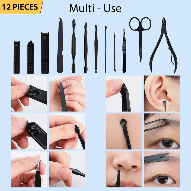 iSOUL Nail Clippers Manicure Set 12Pcs Male/Female Stainless Steel Professional Nail Clipper Set Stainless Steel Grooming Kit for Thick Nails Cuticle Remover Toe Nail Toenail Care Cutter Pedicure Black - NewNest Australia