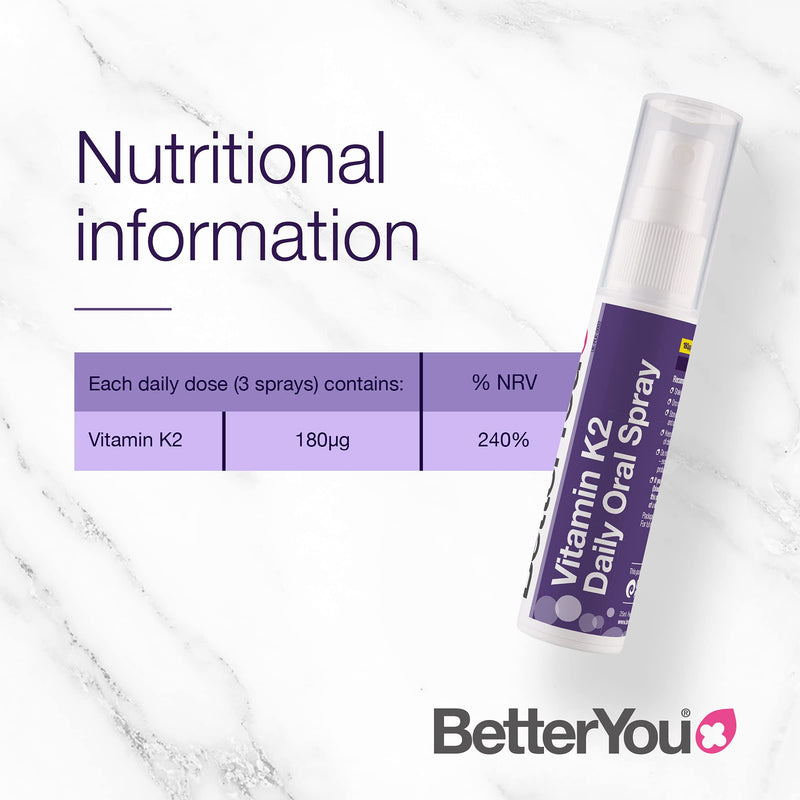 BetterYou Vitamin K2 Daily Oral Spray | Supports Normal Bone Health and Blood Clotting | 25ml (160 sprays) | Palm Oil Free | Natural Peppermint Flavour Single - NewNest Australia