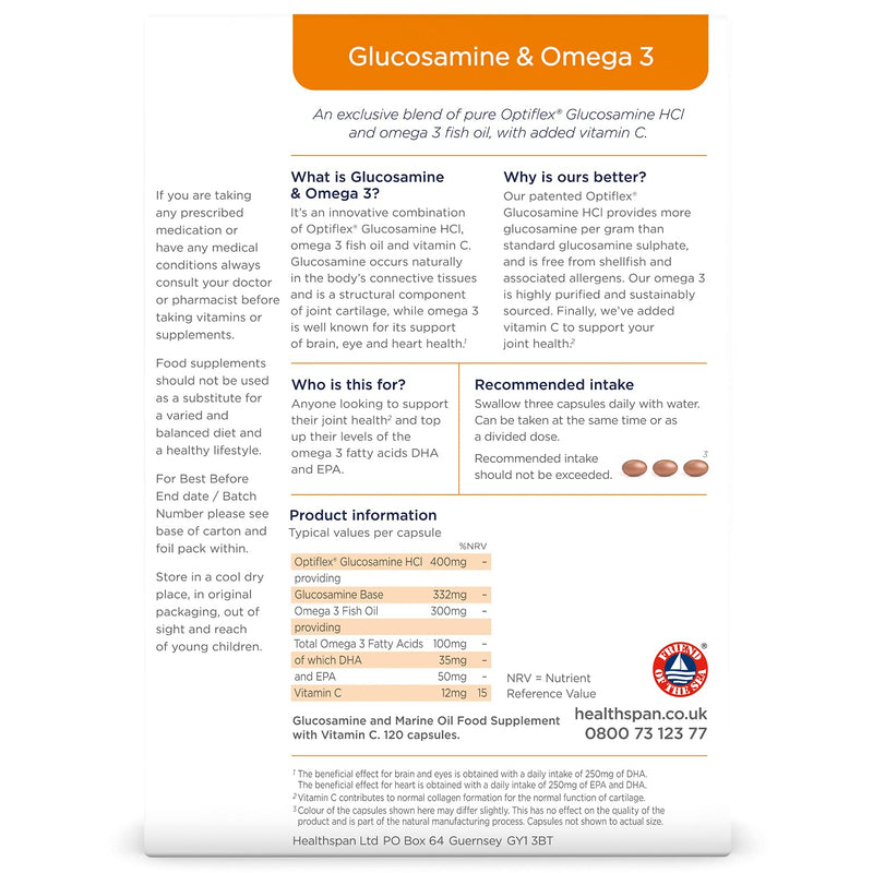 Healthspan Glucosamine & Omega 3 | 120 Capsules | Joint Health | Added Vitamin C | 400mg Optiflex Glucosamine HCI | 300mg Omega 3 Fish Oil | Highly Purified & Sustainably Sourced - NewNest Australia