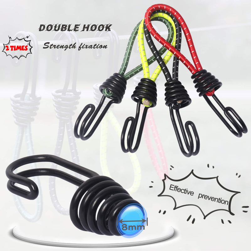 Hikeman 8 Pack 8mm Bungee Cord Hooks Black Anti-Rust Paint Spiral Wire Hooks with Separable Reflective Elastic Rope Heavy Duty Strapping Tape Hooks for Camping Trucks Boats (Black) - NewNest Australia