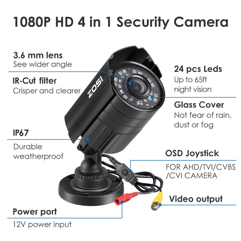 ZOSI 1080P Hybrid 4-in-1 HD TVI/CVI/AHD/CVBS 1920TVL 2.0MP CCTV Camera Home Security System 80ft Day/Night Vision Metal Waterproof Housing For 960H,720P,1080P,5MP,4K analog Surveillance DVR 1Camera - NewNest Australia
