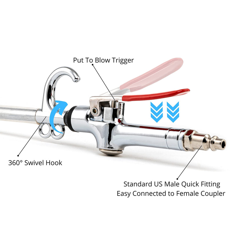 NEIKO 31122A High Flow Air Blow Gun | 17-26 Inch Extensible Stainless Steel Air Flow Nozzle | Pneumatic Air Compressor Accessories Tool | Operating Pressure 80-120 PSI | 360 Degree Swivel Hook Extendable Air Blow Gun - NewNest Australia