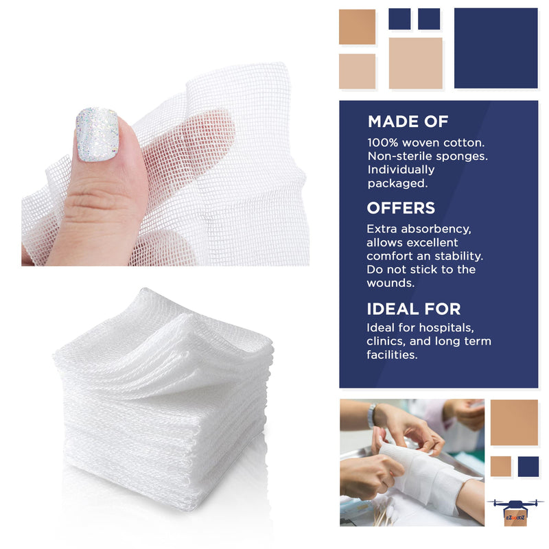 EZGOODZ Cotton Woven Gauze Sponges Pack of 100, Disposable Anti Stick Gauze Dressings 2” x 2”, Individually Packaged 12-Ply Non Sterile Gauze Pads, Non Sterile Gauze Squares Individually Wrapped 2" x 2" / 100 Pack - NewNest Australia