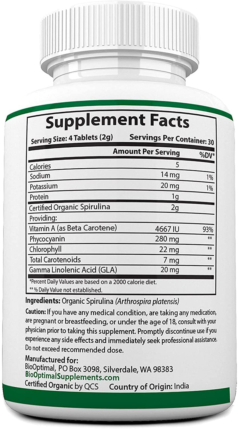 BioOptimal Organic Spirulina Tablets, 100% USDA Organic, Premium Quality 4 Organic Certifications, Non-GMO, No Additives Capsules or Fillers, 120 Count 1 Month Supply 120 Count (Pack of 1) - NewNest Australia