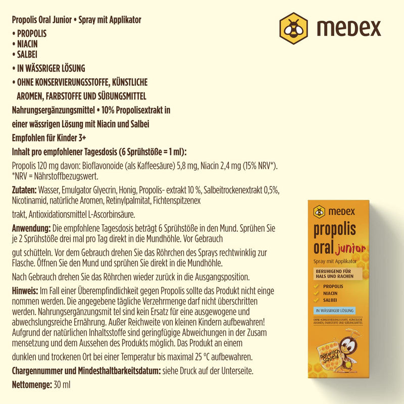 Medex Propolis Oral Junior, Mouth And Throat Spray, Water-Based, Without Alcohol; With Added Honey, Sage, Niacin, Spruce Tips, With Applicator, For Children From 3 Years, 30 Ml - NewNest Australia