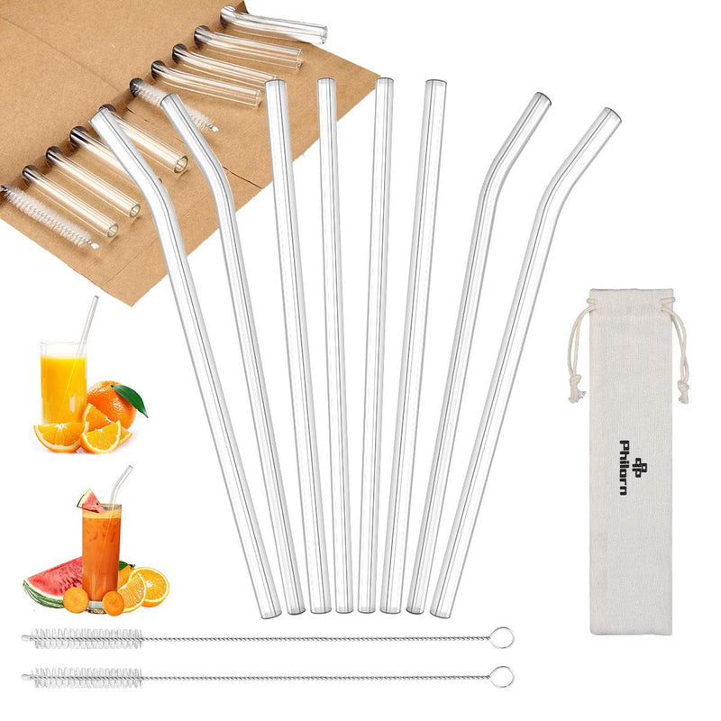 PHILORN Reusable Glass Straws Set of 8, Resistant to 150°C/-20°C, Very Sturdy, 4 Bent & 4 Straight (8.5" Long, 8mm/10mm Diameter) Glass Drinking Straws with Brushes - BPA Free, Ideal for 20oz Tumblers - NewNest Australia