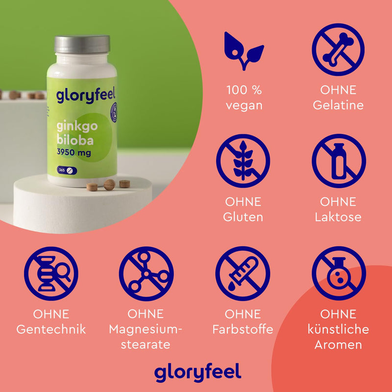 Ginkgo Biloba 3950Mg - 365 Tablets High Dose - With Flavonoglycosides + Terpene Lactones & Ginkgo Acid-Free - 50:1 Extract - Laboratory Tested, Vegan And Made In Germany Without Additives - NewNest Australia
