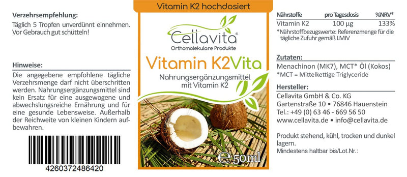 Cellavita Vitamin K2 100µg per TD MK7 all trans vegan 1750 drops | Highly dosed & tested | (50ml) 50ml - NewNest Australia