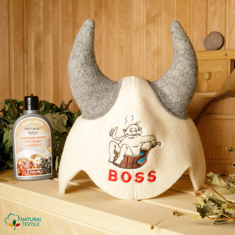 Natural Textile Sauna Hat 'Sauna Boss Devil' White - 100% Organic Wool Felt Hats for Russian Banya - Protect Your Head from Heat - English Sauna eBook Guide Included - with Embroidery - NewNest Australia