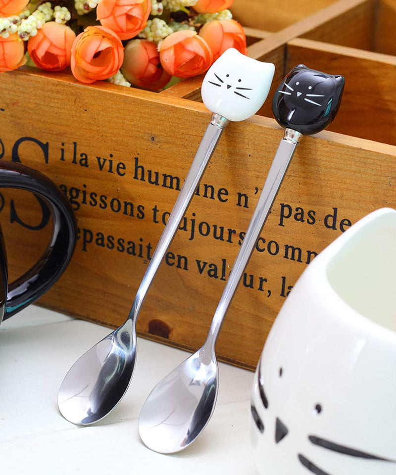 NewNest Australia - Honbay 2PCS Cute Cat Spoon Stainless Steel Tea Spoon Coffee Spoon Sugar Spoon for Cat Mug, Black and White 