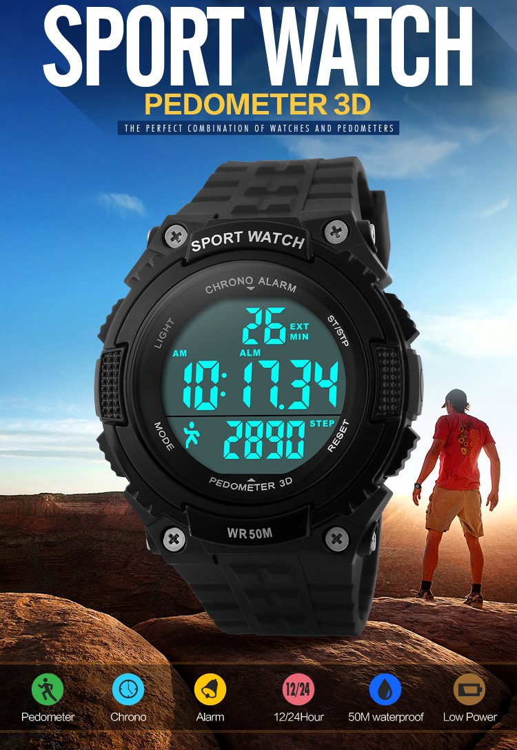 Fanmis Unisex Pedometer Watches Military Multifunctional 50M Waterproof Digital Outdoor Sports Watch Black - NewNest Australia
