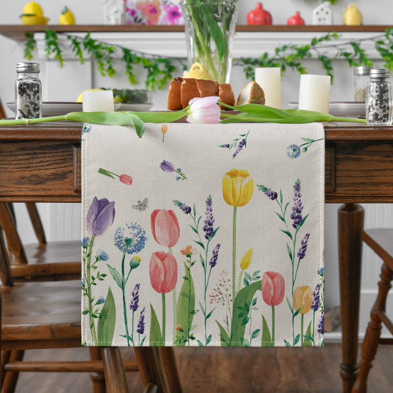 Artoid Mode Lavender Tulip Spring Table Runner, Summer Seasonal Anniversary Holiday Kitchen Dining Table Decoration for Indoor Outdoor Home Party Decor 13 x 36 Inch Table Runner, 13" x 36" - NewNest Australia