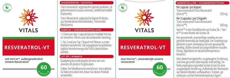 Vitals - Resveratrol-VT 60 capsules, exceptionally pure resveratrol. High dose without additives. the renowned Veri-te brand, which has been used in numerous human studies - NewNest Australia