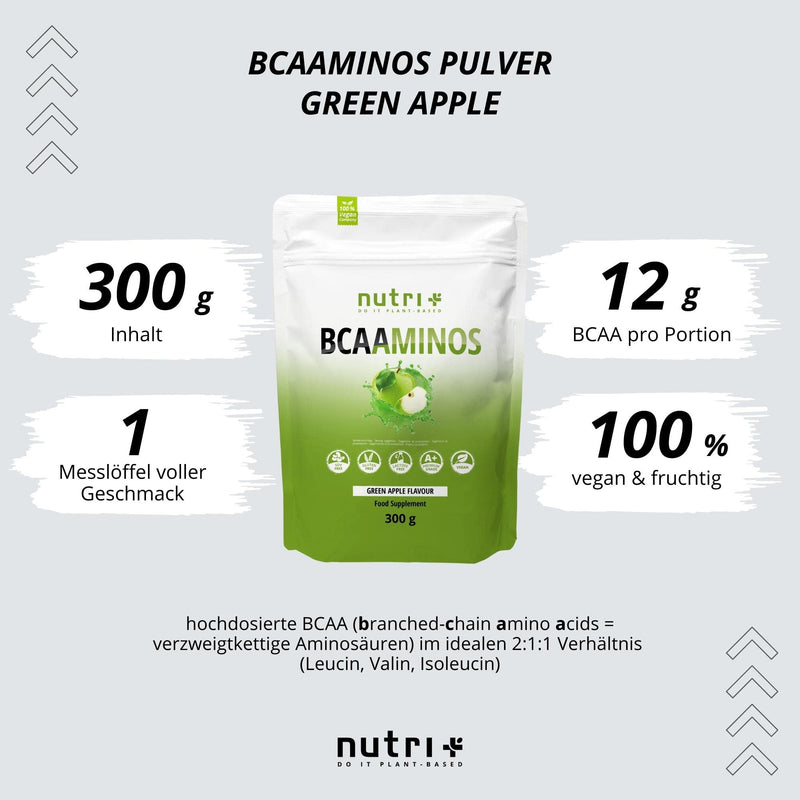 Bcaa Powder Green Apple - Amino Acids Complex High Dose - Bcaas Instant Powder Vegan - Bcaaminos Supplement - Green Apple Flavor 300 G - Amino Acid Preparation - NewNest Australia