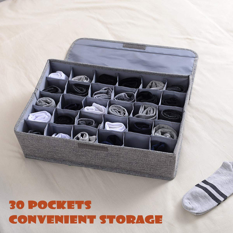 NewNest Australia - Underwear Socks Storage Organizer with Lids Foldable Closet Drawer Divider 30 Cells, Linen Cotton Storage Box Bin for Socks Underwear Ties Scarves and Lingerie in Wardrobe by AARainbow (Gray) Gray 