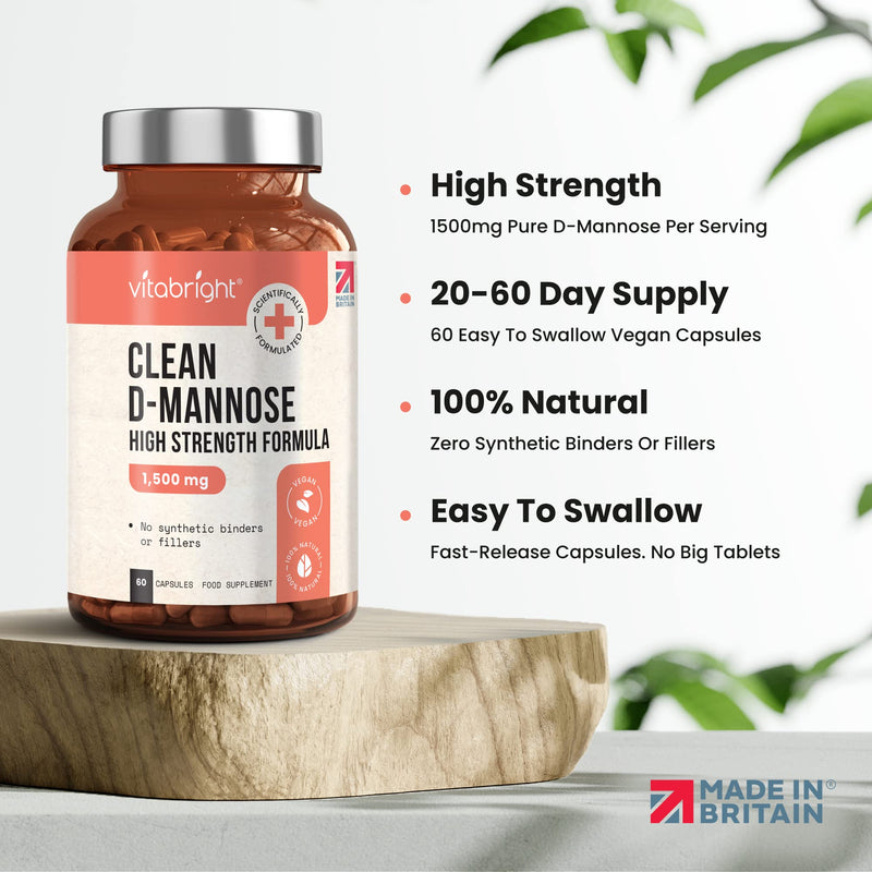 D-Mannose Capsules - 1500mg High Strength - 60 Capsules (20 Day Supply) - Contributes to Healthy Urinary Tract and Bladder - Clean Natural Ingredients - Vegan - Made in UK by VitaBright 60 Count (Pack of 1) - NewNest Australia