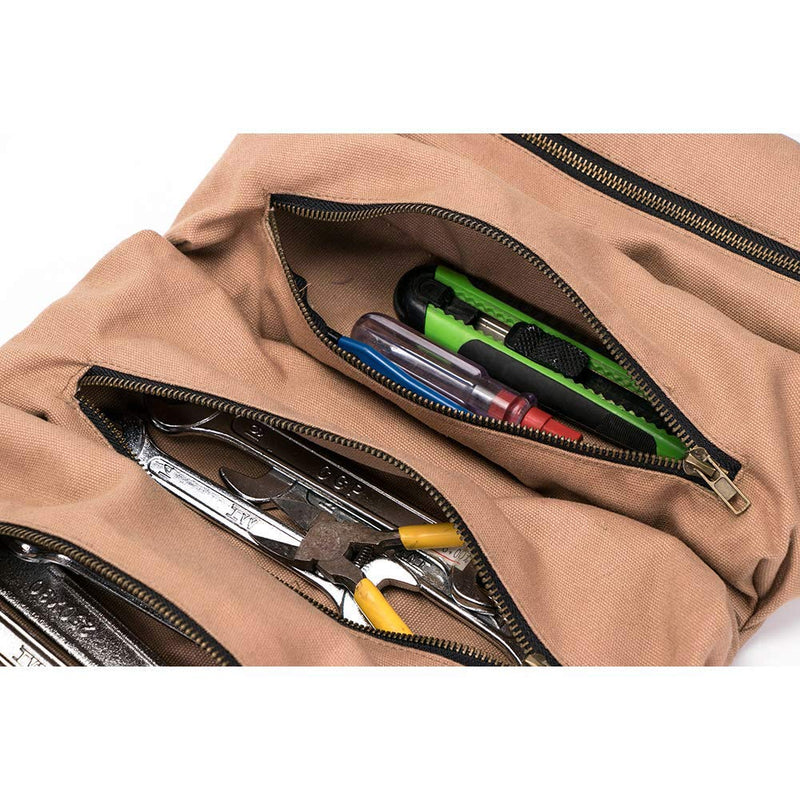 Super Tool Roll Up Bag/pouch,durable Canvas Wrench Tool Roll Up Pouch With 5 Zipper Pockets,car Back Seat Organizer/Khaki Khaki - NewNest Australia