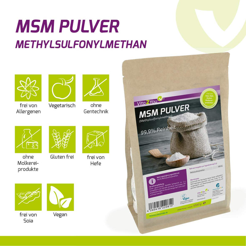 Vita2You MSM powder 1000g - (methylsulfonylmethane) 99.9% purity - mesh factor 40-80 - 1kg organic sulfur - premium quality - NewNest Australia