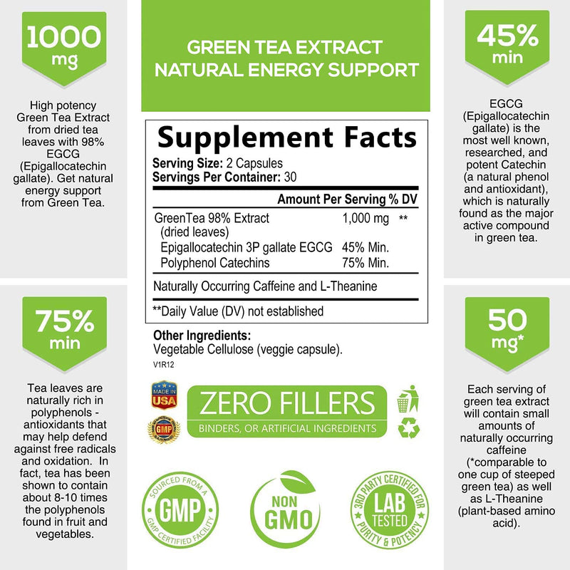 Green Tea Extract 98% Standardized EGCG - 3X Strength for Natural Energy - Heart Support with Polyphenols - Gentle Caffeine, Made in USA - 60 Capsules 60 Count (Pack of 1) - NewNest Australia