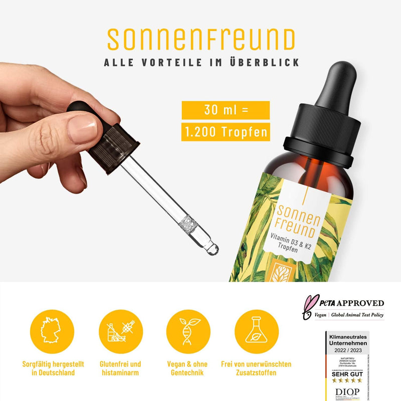NATURTREU® Vitamin D3 K2 drops high dosage & vegan - 100% plant-based (without animal lanolin) - 1000 IU vitamin D + vitamin K2 - Sonnenfreund - NewNest Australia