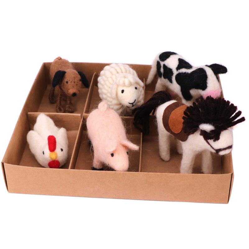 NewNest Australia - B & D needle felt Animal, Needle Wool Domestic Fowl Ornament,White Rooster, Horse, Sheep, Pink Pig, Cow, and Dog, set of 6 pieces 