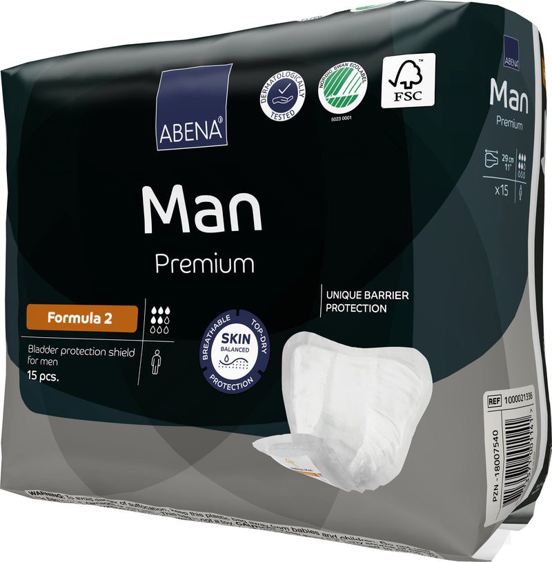 Abena Man Formula 2 Incontinence Pads for Men, Eco-Friendly Mens Incontinence Pads, Extra Protection, Breathable & Comfortable with Fast Absorption, Discreet - 700ml Absorbency, 15PK - NewNest Australia