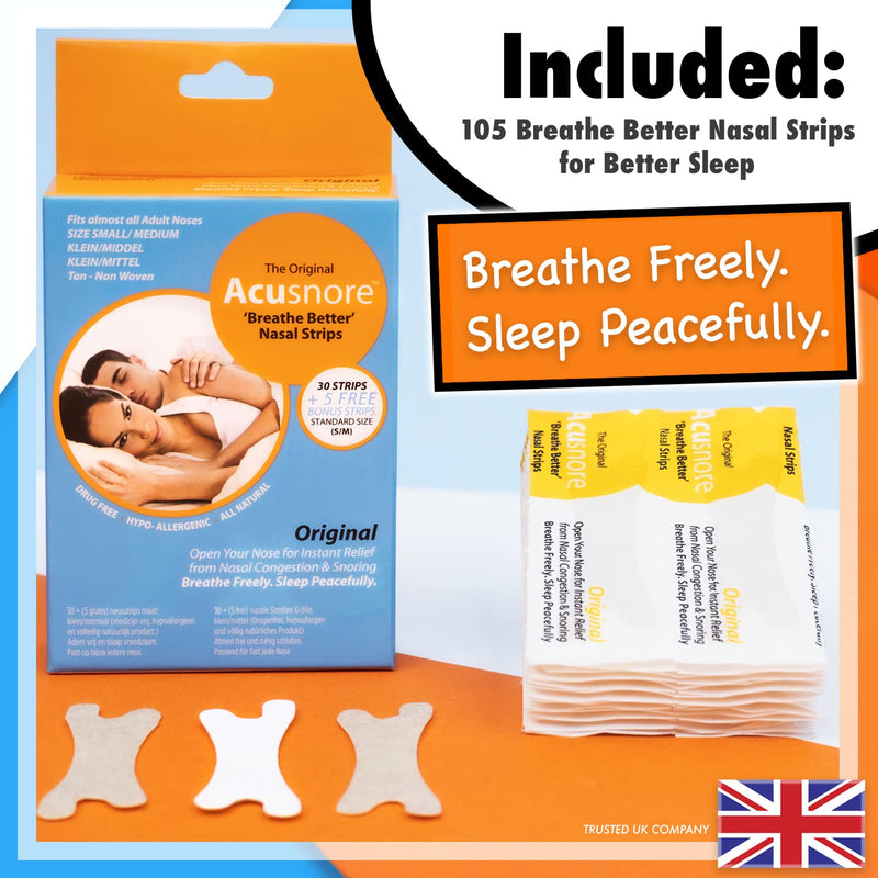Anti Snore Strips Acusnore® Nose Strips for Snoring Suitable Snoring Aids for Men & Women Includes 105 Breathe Better Nasal Strips for Better Sleep (x3 Packs of 35) (S/M) S/M - NewNest Australia