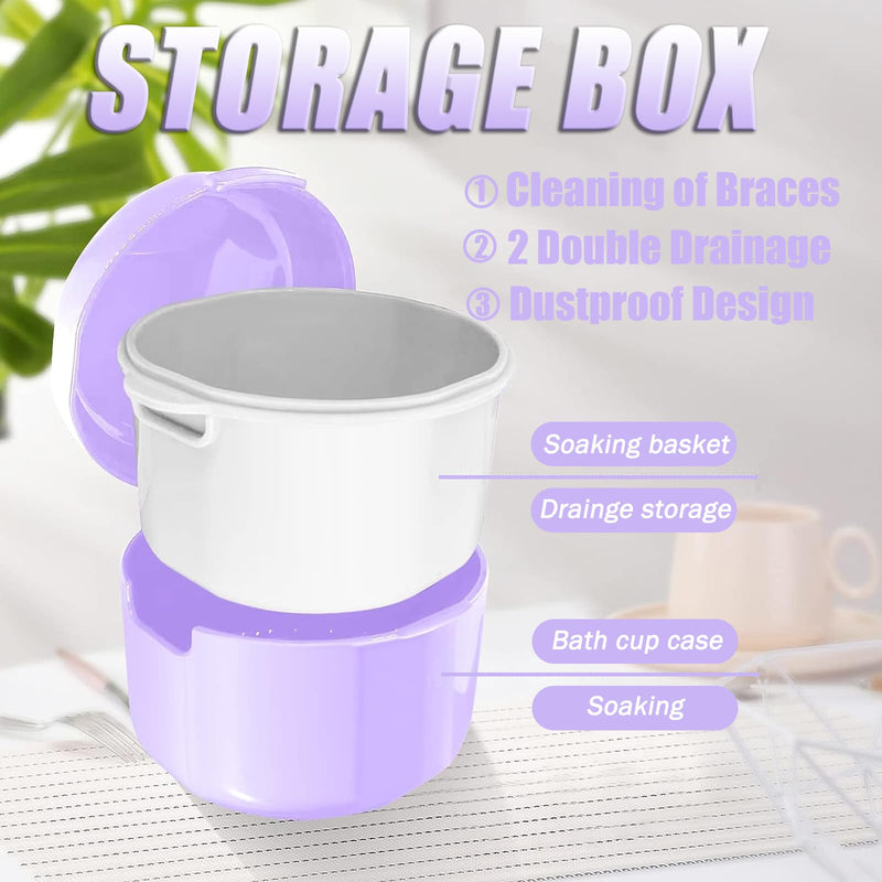 Denture Brush Set, Denture Container, Denture Bath Box, Denture Box With Mirror, With 2 X Aligner Removal Tools For Braces Or Dentures, Cleaning And Storing For Travel, Purple - NewNest Australia