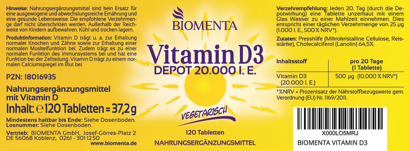 Biomenta Vitamin D3, High Dosage - 20,000 Iu, Vegan Vitamin D3 Tablets With Slow-Release Effect: Take 1 Tablet Of Vitamin D Every 20 Days - Bottle Of 120 Vitamin D3 Tablets (Cholecalciferol) - NewNest Australia