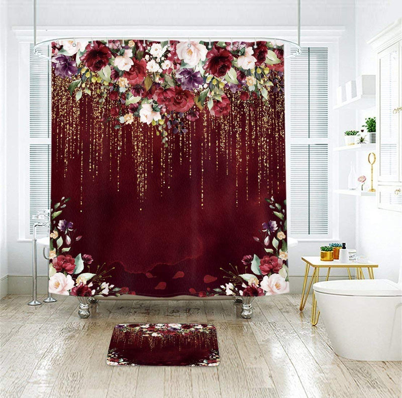 LIGHTINHOME Red Floral Shower Curtain Burgundy Flower Rose Golden Glitter Wedding Bridal Elegant Fabric Waterproof Bathroom Home Decor Set 72x72 Inch 12 Plastic Hooks 72Wx72H - NewNest Australia