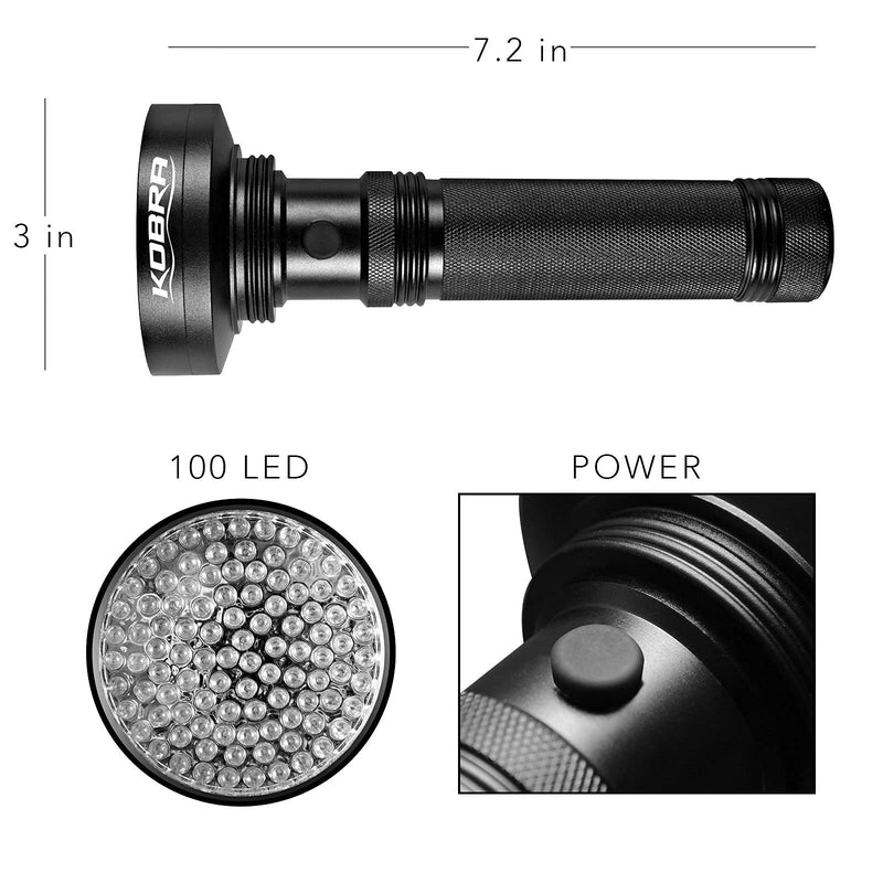 KOBRA UV Black Light Flashlight 100 LED #1 Best UV Light and Blacklight For Home & Hotel Inspection, Pet Urine & Stains - Ultra Intensity 18W 385-395nm LEDs Spot Counterfeit Money, Leaks, Scorpions! - NewNest Australia