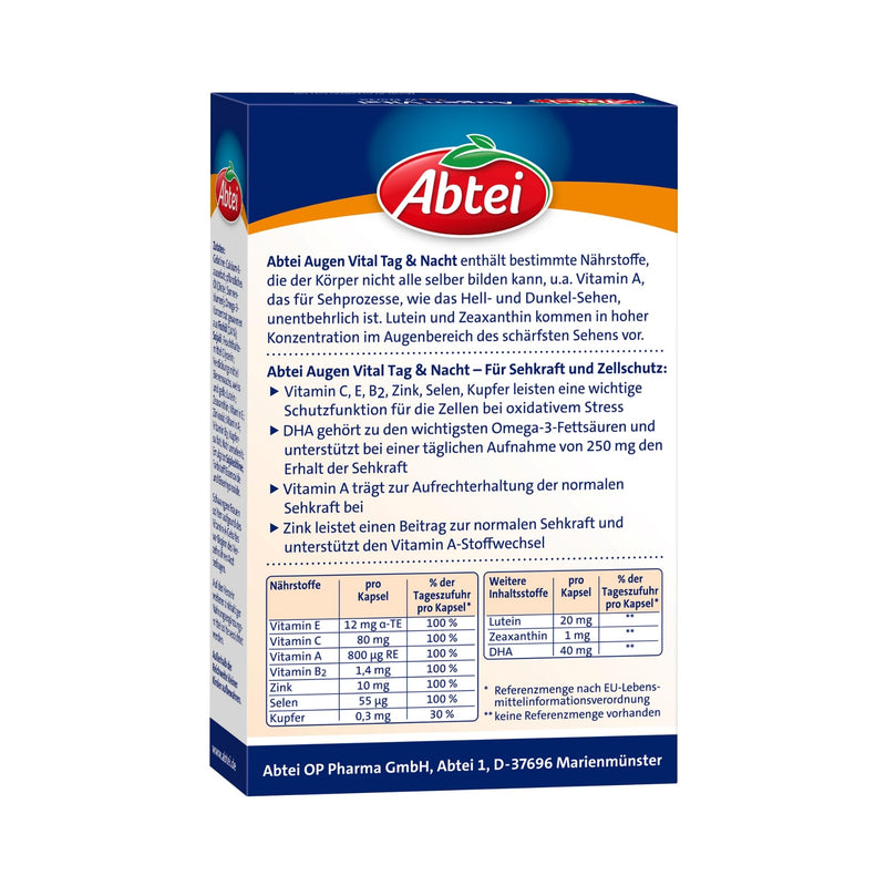 Abtei Augen Vital day and night - with vitamin A, lutein, DHA and zeaxanthin - for maintaining vision - laboratory tested and high dosage - 30 capsules 30 pieces (pack of 1) - NewNest Australia