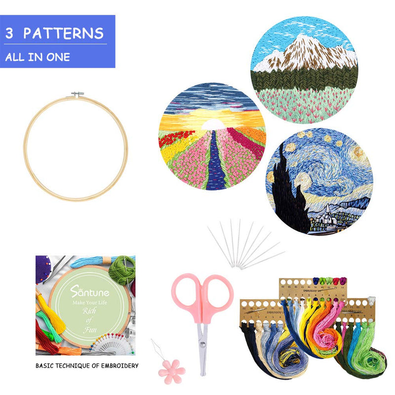 Santune 3 Sets Embroidery Starter Kit with Pattern and Instructions, Cross Stitch Set, Stamped Embroidery Kits with 3 Embroidery Clothes with Pattern, 1 Embroidery Hoops A-Van Gogh-Rainbow-Mountain - NewNest Australia