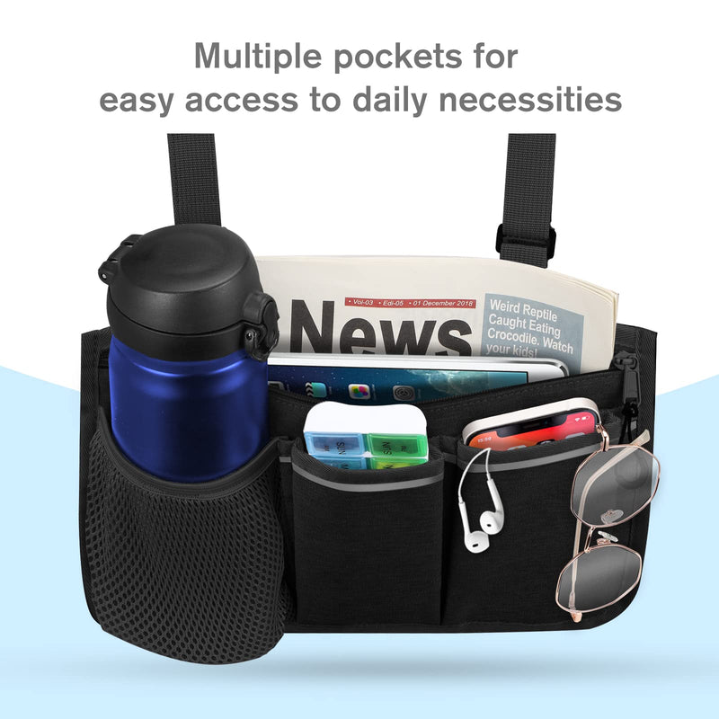 FINPAC Wheelchair Side Storage Bag - Wheelchair Armrest Accessories Organisers Pouch with Reflective Strips and Name Card Slot for Walkers, Mobility Scooters, Rollators (Black) Black - NewNest Australia