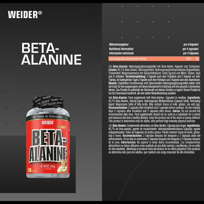 WEIDER high-dose beta alanine capsules, booster for endurance and strength training, pre-workout capsules perfect in combination with creatine monohydrate, training booster, 120 capsules - NewNest Australia