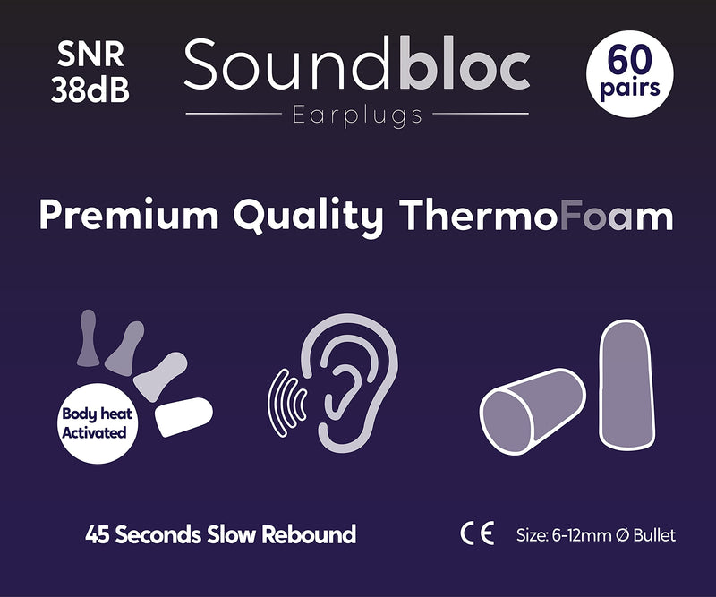 Soundbloc™ Thermo Foam Earplugs - 60 Pairs - 38dB - High Noise Cancelling Ear Plug, Foam Ear Plugs for Sleeping, Travelling, Working, Protection, Motorsports Size M/L Medium - Large - NewNest Australia