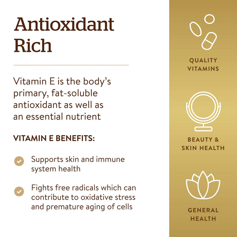 Solgar Vitamin E 268 MG (400 IU) Mixed (d-Alpha Tocopherol & Mixed Tocopherols), 100 Softgels - Supports Immune System & Skin Nutrition - Natural Antioxidant - Gluten Free, Dairy Free - 100 Servings - NewNest Australia
