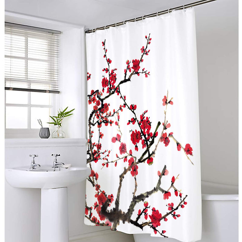 Homewelle Cherry Blossom Floral Shower Curtain Plum Red Flower Japanese Branch Waterproof 60Wx72L Inch Aesthetic Ink Scenery Asian 12 Pack Plastic Shower Hooks Polyester Fabric Bathroom Bathtub - NewNest Australia