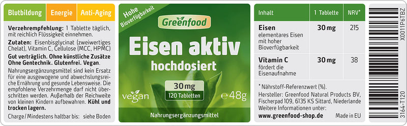Greenfood - Iron active 30 mg - Extra high dosage - 120 vegan iron tablets - Important for blood formation, energy and immune system - No artificial additives 120 pieces (pack of 1) - NewNest Australia