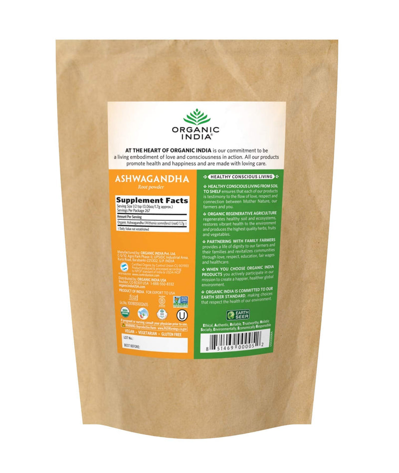 Organic India Ashwagandha Powder - Stress-Relief, Vegan, Gluten-Free, Kosher, USDA Certified Organic, Non-GMO, Uplift Mood, Supports Endurance, Herbal Supplement - 1 Lb Bag 1 Pound (Pack of 1) - NewNest Australia