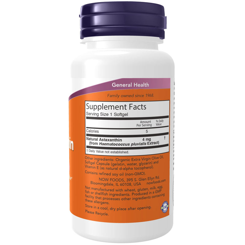 NOW Supplements, Astaxanthin 4 mg derived from Non-GMO Haematococcus Pluvialis Microalgae and has naturally occurring Lutein, Canthaxanthin and Beta-Carotene, 90 Softgels - NewNest Australia