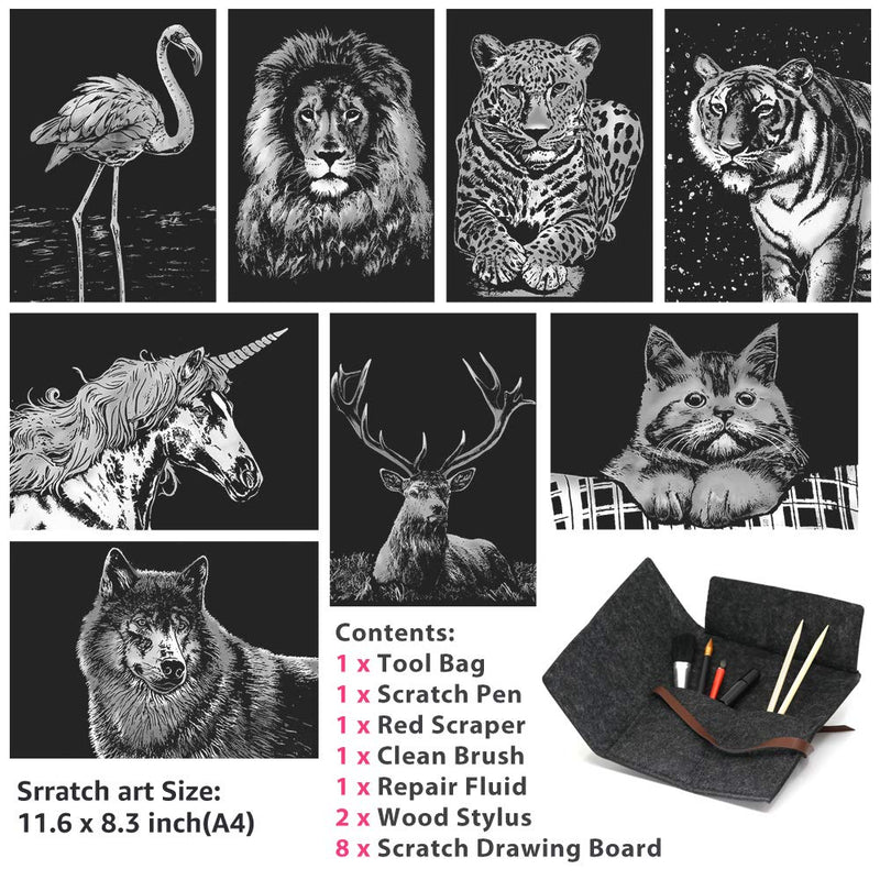 Scratch Art Paper(A4) for Kids & Adults, Rainbow Painting Night View Scratchboard, Art Craft, Crafts Set: 8 Sheets Scratch - Unicorn/Flamingo/Cat/Deer/Tiger/Leopard/Lion/Wolf & 6 Tools (Animal World) Animal World - NewNest Australia