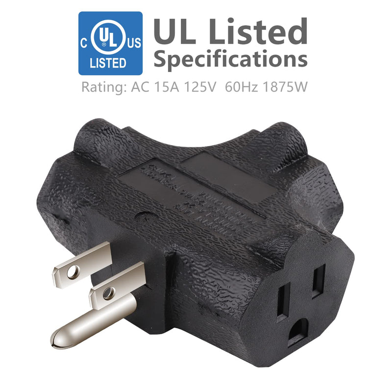3-Outlet Grounding Adapter, Kasonic [UL Listed] Plug Extender, Heavy-Duty Grounded Power Tap - 3 Pack (Black) Black - NewNest Australia