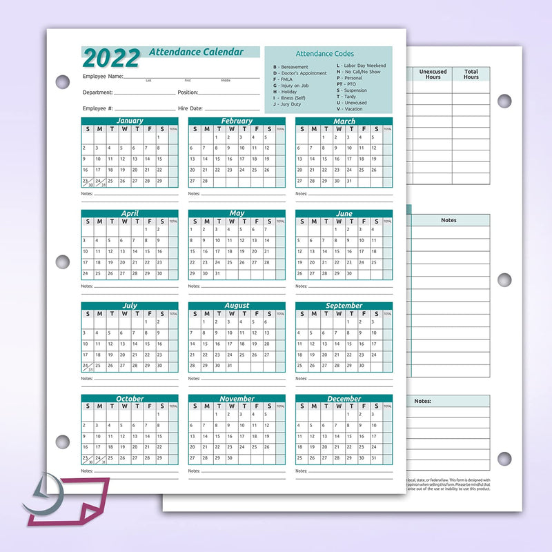 Work Tracker Attendance Calendar Cards- 8 ½ X 11 Cardstock / Pack of 25 Sheets (Green Color - 2022) Green -2022 - NewNest Australia