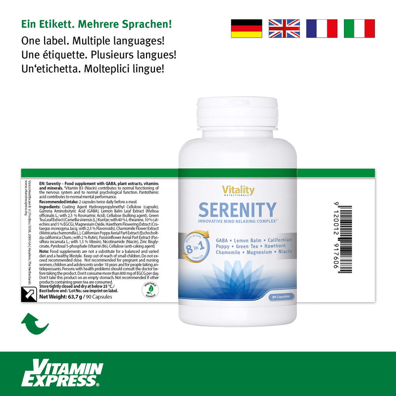Serenity, Mind Relaxing Complex. Innovative Gaba Capsules With High Doses, Lemon Balm Extract, Vitamins. (90 Capsules). Balance, Calm, Mental Strength. Vitality Nutritionals By Vitaminexpress - NewNest Australia