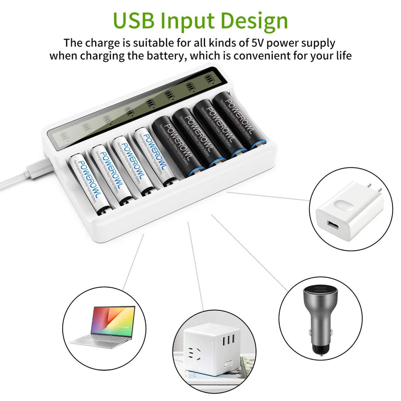 POWEROWL 8 Bay AA AAA Battery Charger with LCD Display (USB Quick Charging, Independent Slot) for Ni-MH Ni-CD Rechargeable Batteries - NewNest Australia